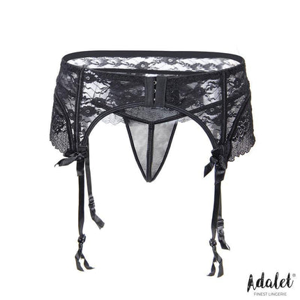 Sully Lace Garter and Thong Set by Adalet featuring black lace garter belt and thong, designed for confidence and sensuality.
