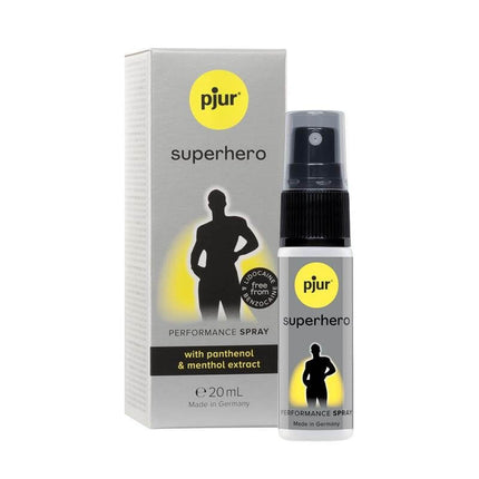 Superhero Performance Delay Spray 20 ml bottle and packaging for longer-lasting intimacy, dermatologically tested, latex compatible.