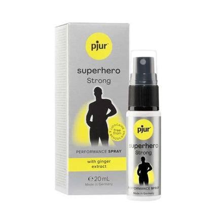 Superhero Strong 20 ml intimate spray with ginger extract for prolonging male pleasure, compact 20 ml bottle. pjur quality focus.