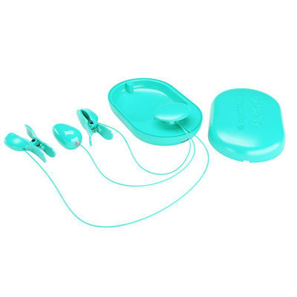 Surprise Box Vibrating Egg with Electric Shock Nipple Clamps Blue, electro-stimulation kit in blue with USB rechargeability