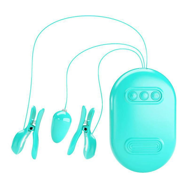 Surprise Box Vibrating Egg with Electric Shock Nipple Clamps Blue – compact electro-stimulation kit with USB rechargeability.