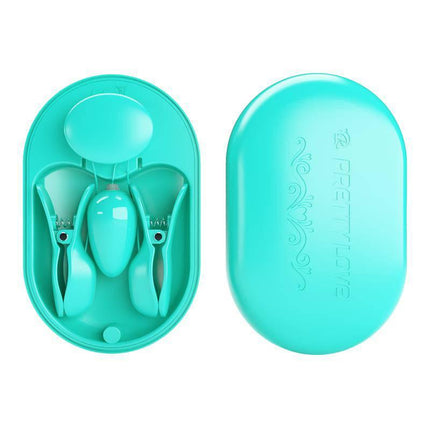 Surprise Box Vibrating Egg with Electric Shock Nipple Clamps Blue in open case displaying contents