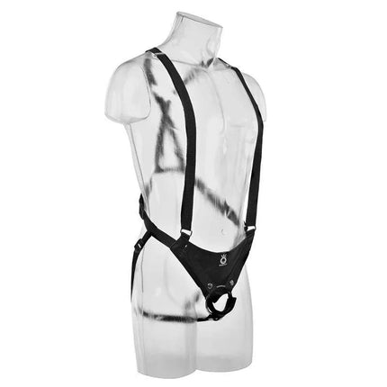 Clear mannequin wearing Suspender Strap-On with Hollow Dildo 10 harness, showing adjustable nylon straps and stable design.