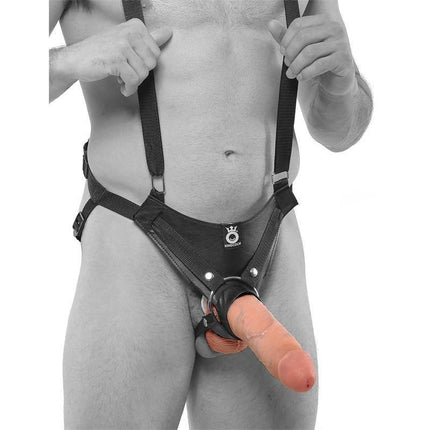 Man wearing a Suspender Strap-On with Hollow Dildo 10 for enhanced performance and secure fit, featuring nylon straps for comfort and stability.