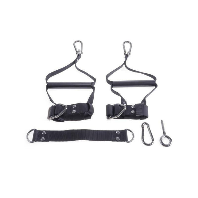 Suspension Cuff Set with nylon straps, stainless steel lock rings, and anchor screw for secure and versatile restraint play.
