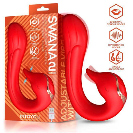 Swana Vibrator Licking Tongue with Angle Adjustable in red packaging showcasing dual-motor and tongue-like design for solo use
