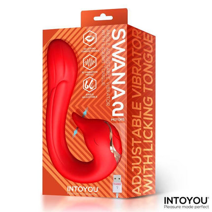 Swana Vibrator Licking Tongue with Angle Adjustable in packaging, featuring dual-motor design and adjustable stimulation capabilities.