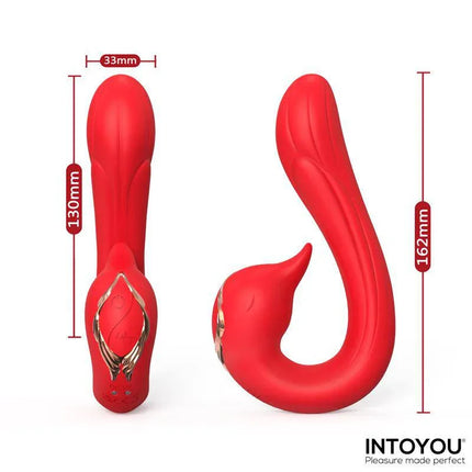 Swana Vibrator Licking Tongue with Angle Adjustable by Intoyou, red dual-motor design, showing product dimensions.