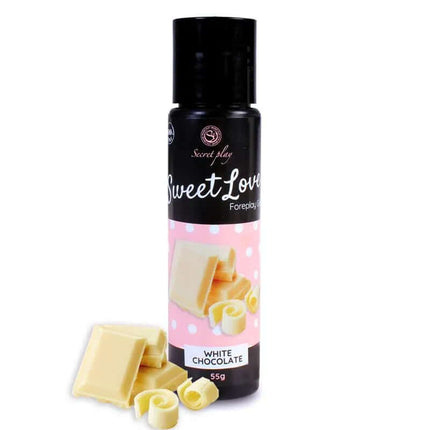 Sweet Love Lubricant White Chocolate 60 ml bottle with chocolate pieces, designed for foreplay and caressing erogenous zones.