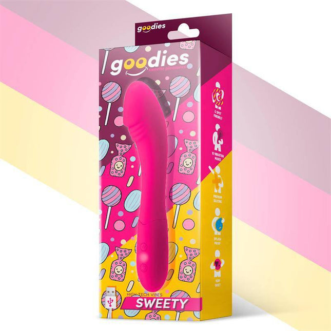 Sweety G-Spot Vibe USB Silicone Fuchsia in packaging, premium body-safe vibrator by Goodies for focused G-spot stimulation