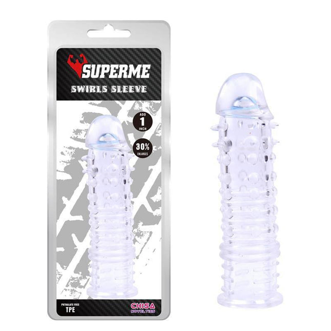 Swirls Sleeve-Clear, a soft elastic penis sleeve enhancing pleasure, made from body-safe TPE, size 16.5x3.7 cm, clear color, phthalate-free.