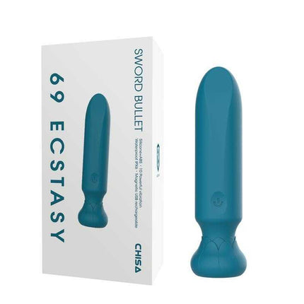 Sword Vibrating Bullet - 10 Vibration Patterns, Waterproof, blue silicone design with wide base next to product packaging