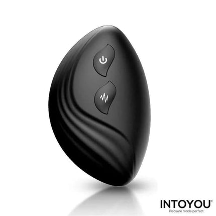 Black ergonomic controller for Synkox Girth Gainer Vibrating Double Cockring with power and vibration buttons, branded INTYOU logo.