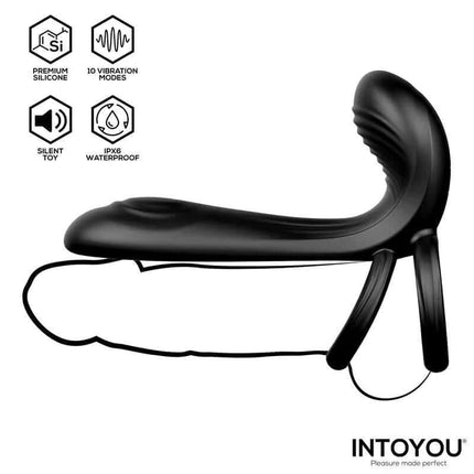 Synkox Girth Gainer Vibrating Double Cockring showing premium silicone and 10 vibration modes with waterproof features.