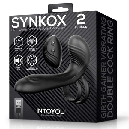 Synkox Girth Gainer Vibrating Double Cockring packaging with ergonomic design and dual motors