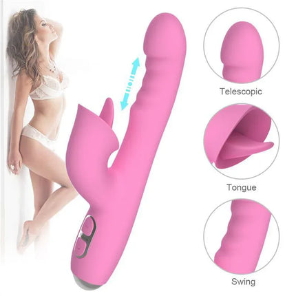 T-May Vibe with Thrusting and Swing Movement in pink showing telescopic, tongue, and swing features for diverse sensations.