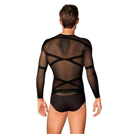 Back view of model wearing T101 long sleeve S/M/L black shirt with geometric patterns and semi-transparent knit design for men.