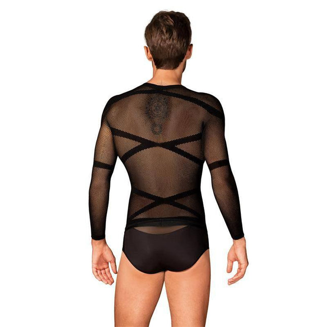 Back view of model wearing T101 long sleeve S/M/L black shirt with geometric patterns and semi-transparent knit design for men.