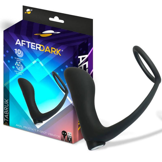 Tabruk Anal Prostate P-Spot Vibrator in packaging with ring design, featuring Afterdark branding and 10 vibration functions.