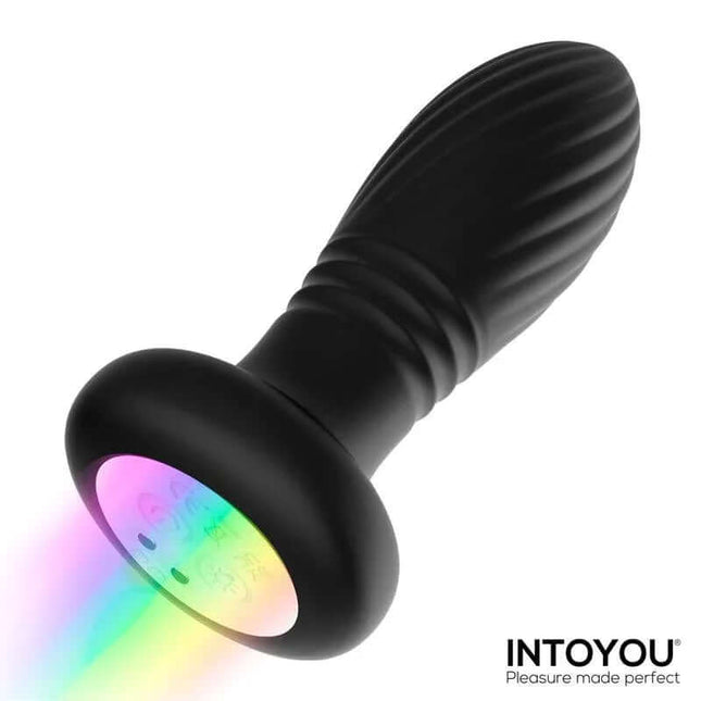 Tainy Thrusting Led Lighted Anal Plug with Remote Control, black with colorful LED lights, by INTOYOU