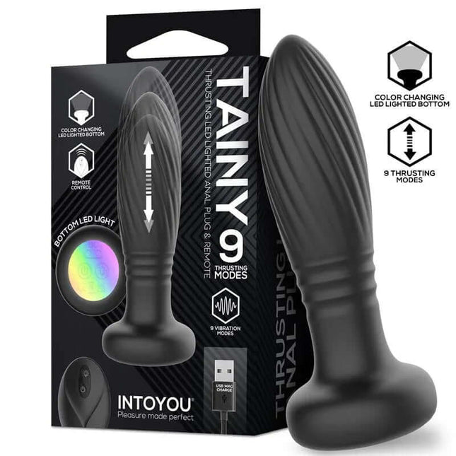 Tainy Thrusting Led Lighted Anal Plug with Remote Control featuring 9 thrusting modes and LED light, Intouyou packaging
