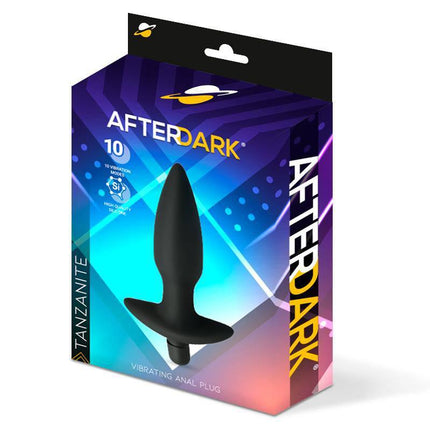 Packaging of Tanzanite Vibrating Anal Plug by Afterdark with 10 vibration functions for enhanced pleasure.