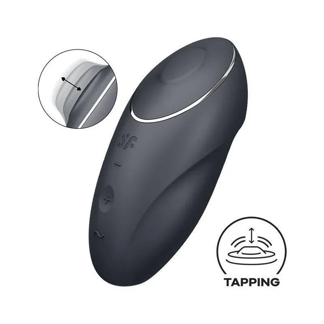Tap and Climax 1 Vibrator and tapping Black showing dual-stimulation design with focus on ergonomic shape and tapping feature.