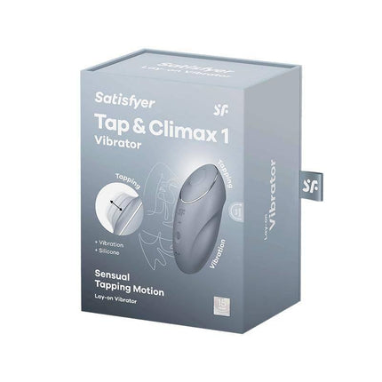 Satisfyer Tap & Climax 1 Vibrator and tapping Grey packaging showcasing product features and sleek grey finish.
