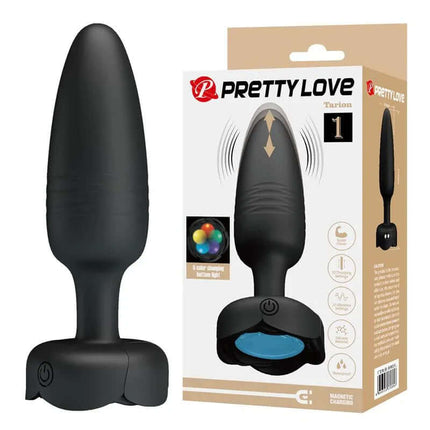 Tarion Butt Plug with Vibration and Thrusting, featuring dual-action stimulation and mood-enhancing lighting, with packaging.