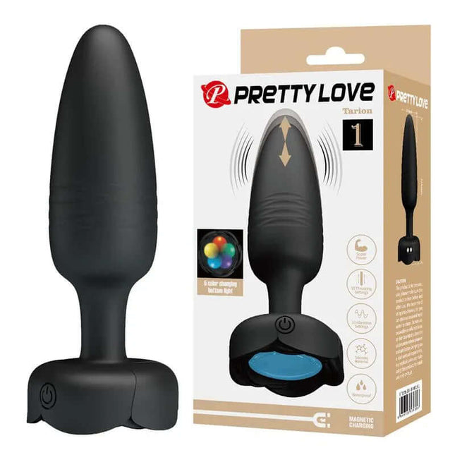 Tarion Butt Plug with Vibration and Thrusting, featuring dual-action stimulation and mood-enhancing lighting, with packaging.