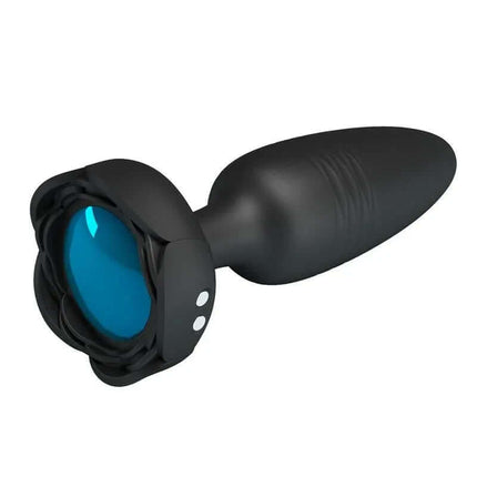 Tarion Butt Plug with Vibration and Thrusting in black silicone, featuring blue mood lighting for enhanced solo or partner pleasure.
