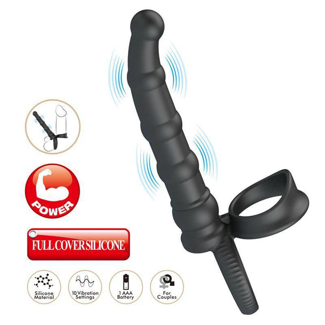 Tatum Cock Ring with Vibrating Plug Plug featuring silicone design for couples, double penetration, and 10 vibration settings.