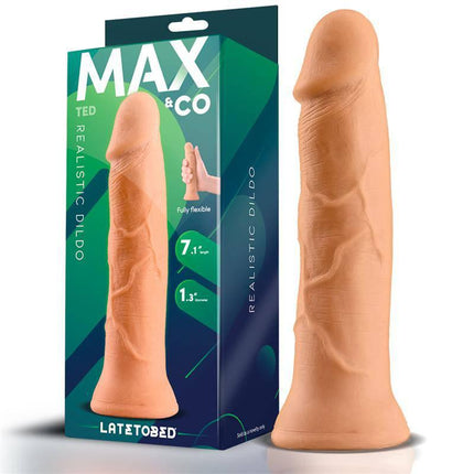 Ted Realistic Dildo 7.1 Flesh by Max & Co in packaging, showing lifelike veins and rounded glans, 7.1 inches long for authentic sensations.