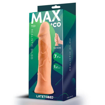 Packaging of Ted Realistic Dildo 7.1 Flesh by Max & Co, showcasing lifelike design and features.