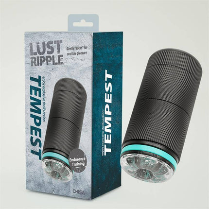 Tempest Manual Male Masturbator in Black with packaging, offering discreet and realistic solo pleasure.
