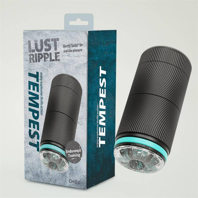 Tempest Manual Male Masturbator in Black with packaging, offering discreet and realistic solo pleasure.