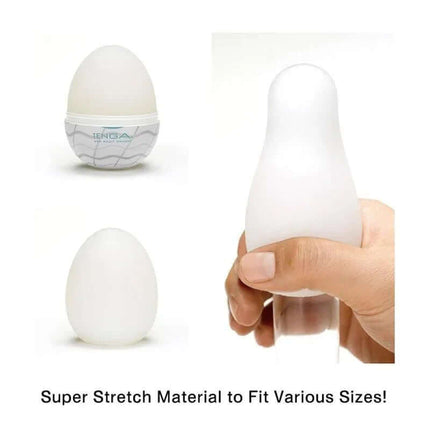 Pack of 6 Tenga Eggs Standard Package showcasing stretch material for versatile sizes.