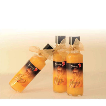 Three bottles of Tentación Massage Golden Veil 100 ml with golden ribbon, enhancing luxury massage experience.