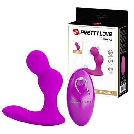 Terrance Vibrating Butt plug with Remote in purple, featuring dual motors and 12 vibration modes for perineum and prostate stimulation.