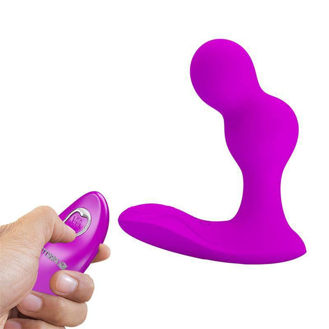 Terrance Vibrating Butt Plug with Remote showcasing dual motors and a purple ergonomic design.