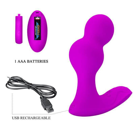 Terrance Vibrating Butt Plug with Remote, featuring dual motors, 12 vibration modes, USB rechargeable, includes 1 AAA battery.