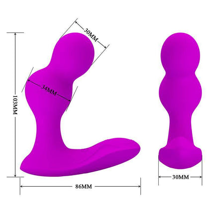 Terrance Vibrating Butt plug with Remote in purple, featuring dual motors for enhanced perineum and prostate stimulation with 12 modes.