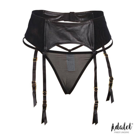 Tessy Garter and Thong Set by Adalet in black, featuring a garter belt with adjustable straps for a sensual fit.