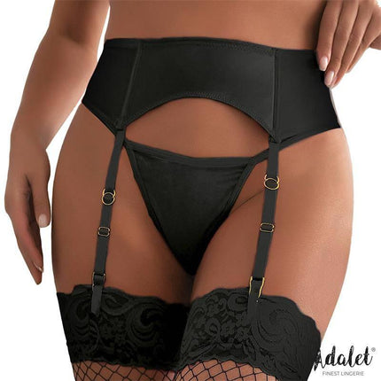Black Tessy Garter and Thong Set by Adalet, featuring an elastic waistband and adjustable straps, designed for comfort and confidence.