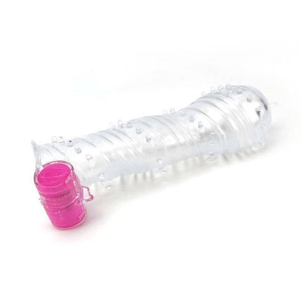 Textured Penis Sleeve with Vibration Bullet Clear featuring pink accent for enhanced sensations.
