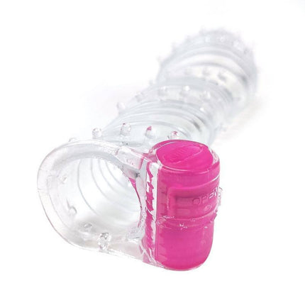 Textured Penis Sleeve with Vibration Bullet Clear showcasing its clear texture and pink vibration bullet for enhanced pleasure.