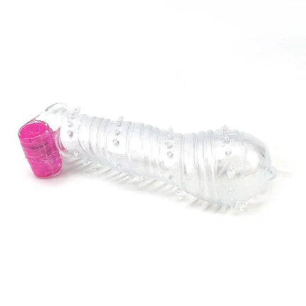 Textured Penis Sleeve with Vibration Bullet Clear featuring a pink bullet vibrator for enhanced pleasure and intimacy.