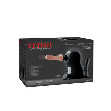 The Bigger Bang Thrusting and Rotating Sex Machine in packaging, showcasing its thrusting and rotating capabilities for enhanced pleasure.