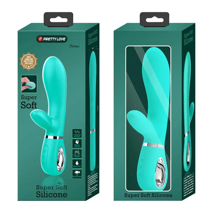 Thomas Vibrator G-Spot Aqua in turquoise packaging, designed for precise G-spot stimulation and dual clitoral contact with super-soft silicone.