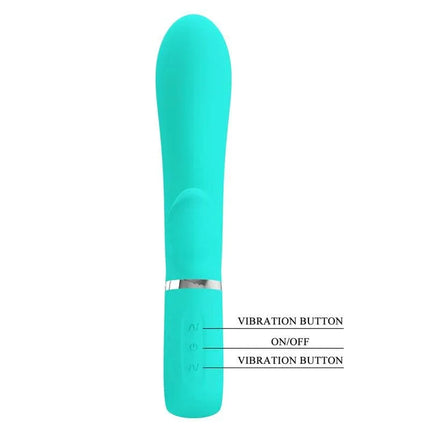Thomas Vibrator G-Spot Aqua with labeled buttons for vibration and on/off control, premium silicone finish.